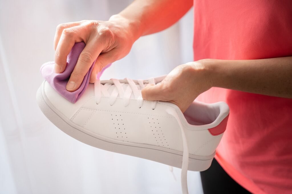 Woman taking care of a white sneaker